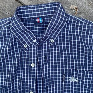 Vintage 90s Stussy Button Up Shirt Large Checkered Pattern Shirt Blue
